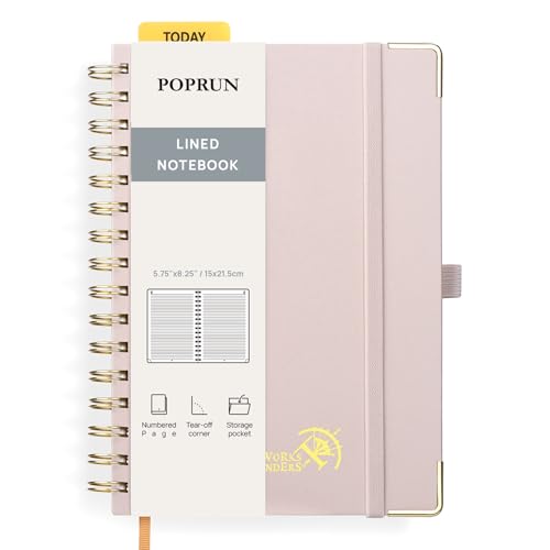 POPRUN Notizbuch A5 Liniert, Horizontal Line Journal, Spiral-Notizbücher 120 GSM Papier, 141 nummerierte Seiten, Hardcover mit Kleberegisterkarten und 8 Abreißblättern - LPK(Hellrosa) von POPRUN