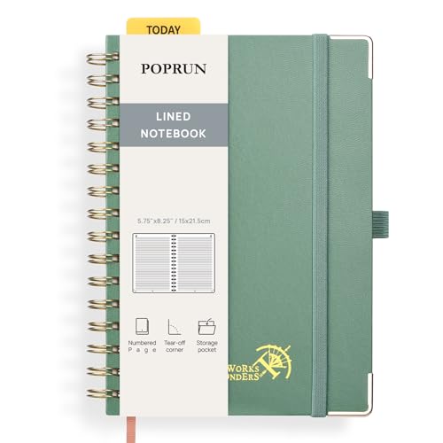 POPRUN Notizbuch A5 Liniert, Horizontal Line Journal, Spiral-Notizbücher 120 GSM Papier, 141 nummerierte Seiten, Hardcover mit Kleberegisterkarten und 8 Abreißblättern - MGN(Mitternachtsgrün) von POPRUN