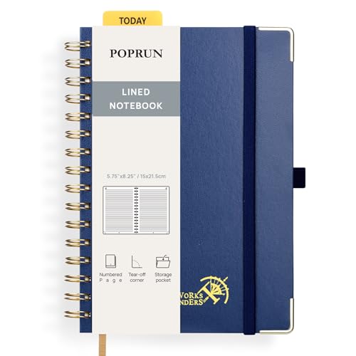 POPRUN Notizbuch A5 Liniert, Horizontal Line Journal, Spiral-Notizbücher 120 GSM Papier, 141 nummerierte Seiten, Hardcover mit Kleberegisterkarten und 8 Abreißblättern - NYB(Marineblau) von POPRUN