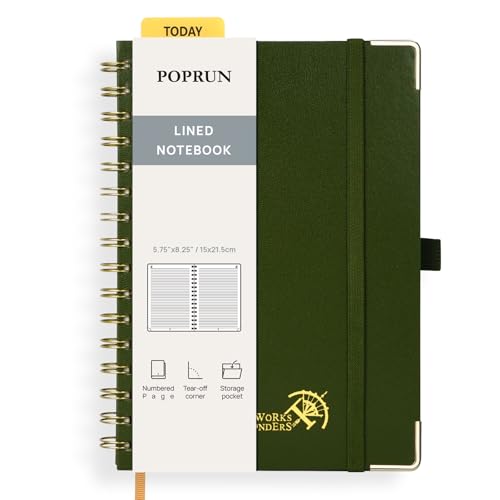 POPRUN Notizbuch A5 Liniert, Horizontal Line Journal, Spiral-Notizbücher 120 GSM Papier, 141 nummerierte Seiten, Hardcover mit Kleberegisterkarten und 8 Abreißblättern - OL(Olive) von POPRUN