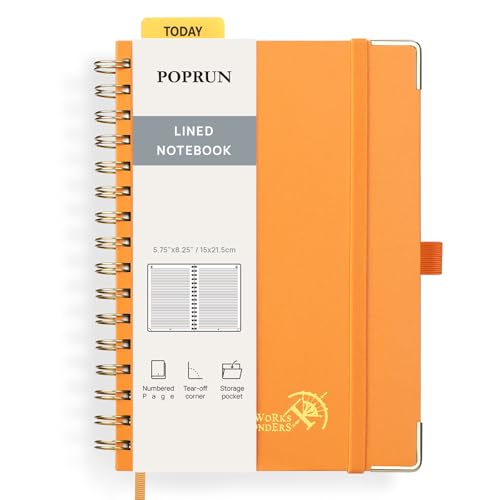 POPRUN Notizbuch A5 Liniert, Horizontal Line Journal, Spiral-Notizbücher 120 GSM Papier, 141 nummerierte Seiten, Hardcover mit Kleberegisterkarten und 8 Abreißblättern - OR(Orange) von POPRUN