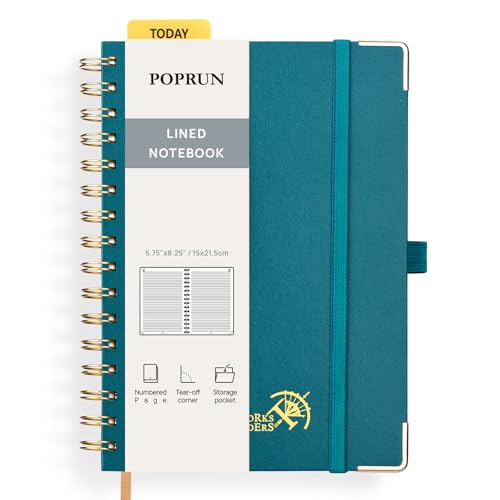 POPRUN Notizbuch A5 Liniert, Horizontal Line Journal, Spiral-Notizbücher 120 GSM Papier, 141 nummerierte Seiten, Hardcover mit Kleberegisterkarten und 8 Abreißblättern - PG(Pazifikgrün) von POPRUN