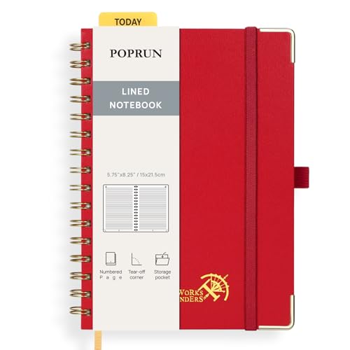 POPRUN Notizbuch A5 Liniert, Horizontal Line Journal, Spiral-Notizbücher 120 GSM Papier, 141 nummerierte Seiten, Hardcover mit Kleberegisterkarten und 8 Abreißblättern - RD(Rot) von POPRUN