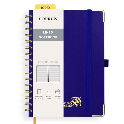 POPRUN Notizbuch A5 Liniert, Horizontal Line Journal, Spiral-Notizbücher 120 GSM Papier, 141 nummerierte Seiten, Hardcover mit Kleberegisterkarten und 8 Abreißblättern - RLB(Königsblau) von POPRUN