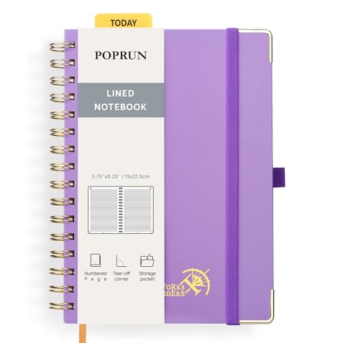 POPRUN Notizbuch A5 Liniert, Horizontal Line Journal, Spiral-Notizbücher 120 GSM Papier, 141 nummerierte Seiten, Hardcover mit Kleberegisterkarten und 8 Abreißblättern - VT(Violett) von POPRUN