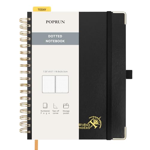 POPRUN Notizbuch B5 Gepunktetes, Bullet Dotted Journal, Spiral-Notizbücher 120 GSM Papier, 220 nummerierte Seiten, Hardcover mit Kleberegisterkarten und 8 Abreißblättern - BK(Schwarz) von POPRUN