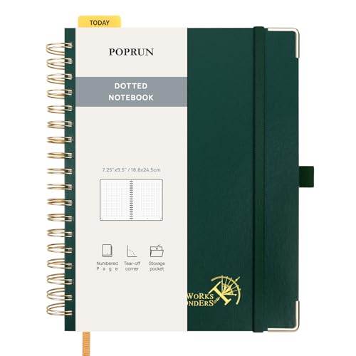 POPRUN Notizbuch B5 Gepunktetes, Bullet Dotted Journal, Spiral-Notizbücher 120 GSM Papier, 220 nummerierte Seiten, Hardcover mit Kleberegisterkarten und 8 Abreißblättern - DG(Dunkelgrün) von POPRUN