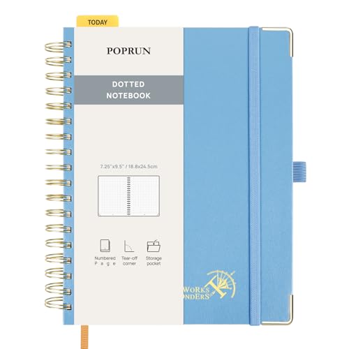 POPRUN Notizbuch B5 Gepunktetes, Bullet Dotted Journal, Spiral-Notizbücher 120 GSM Papier, 220 nummerierte Seiten, Hardcover mit Kleberegisterkarten und 8 Abreißblättern - HB(Dunstblau) von POPRUN