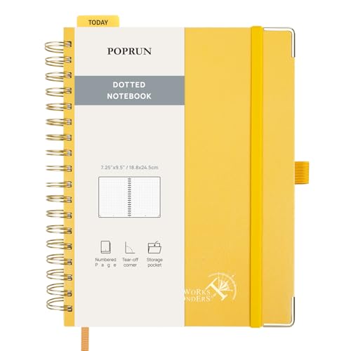 POPRUN Notizbuch B5 Gepunktetes, Bullet Dotted Journal, Spiral-Notizbücher 120 GSM Papier, 220 nummerierte Seiten, Hardcover mit Kleberegisterkarten und 8 Abreißblättern - LYW(Hellgelb) von POPRUN