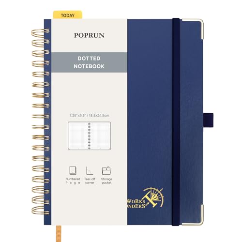 POPRUN Notizbuch B5 Gepunktetes, Bullet Dotted Journal, Spiral-Notizbücher 120 GSM Papier, 220 nummerierte Seiten, Hardcover mit Kleberegisterkarten und 8 Abreißblättern - NYB(Marineblau) von POPRUN