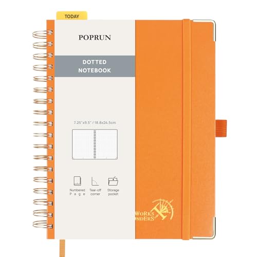 POPRUN Notizbuch B5 Gepunktetes, Bullet Dotted Journal, Spiral-Notizbücher 120 GSM Papier, 220 nummerierte Seiten, Hardcover mit Kleberegisterkarten und 8 Abreißblättern - OR(Orange) von POPRUN