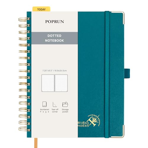 POPRUN Notizbuch B5 Gepunktetes, Bullet Dotted Journal, Spiral-Notizbücher 120 GSM Papier, 220 nummerierte Seiten, Hardcover mit Kleberegisterkarten und 8 Abreißblättern - PG(Pazifikgrün) von POPRUN