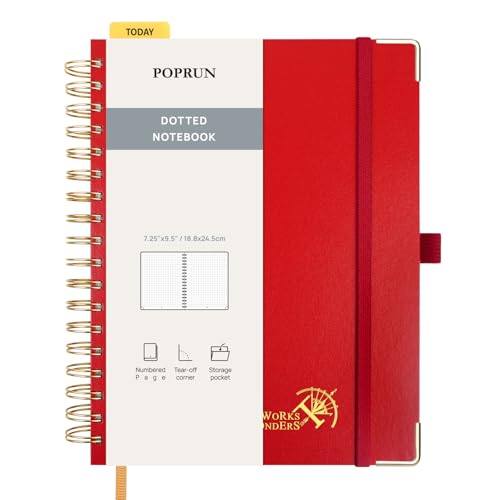 POPRUN Notizbuch B5 Gepunktetes, Bullet Dotted Journal, Spiral-Notizbücher 120 GSM Papier, 220 nummerierte Seiten, Hardcover mit Kleberegisterkarten und 8 Abreißblättern - RD(Rot) von POPRUN