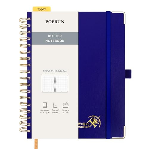 POPRUN Notizbuch B5 Gepunktetes, Bullet Dotted Journal, Spiral-Notizbücher 120 GSM Papier, 220 nummerierte Seiten, Hardcover mit Kleberegisterkarten und 8 Abreißblättern - RLB(Königsblau) von POPRUN
