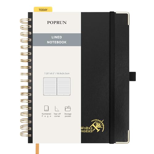 POPRUN Notizbuch B5 liniert,Horizontal Line Journal, Spiral-Notizbücher 120 GSM Papier, 220 nummerierte Seiten, Hardcover mit Kleberegisterkarten und 8 Abreißblättern- BK(Schwarz) von POPRUN