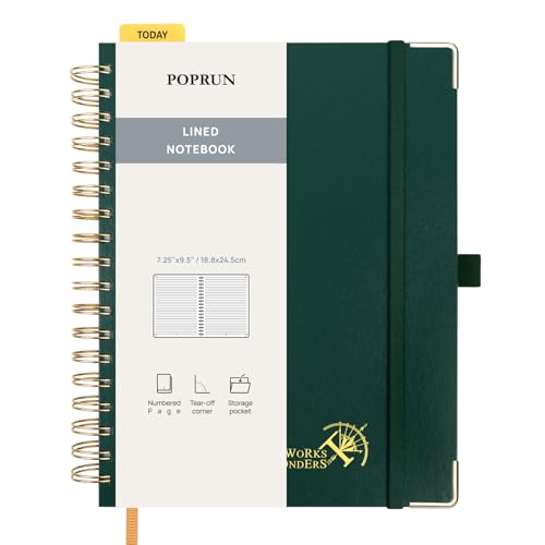 POPRUN Notizbuch B5 liniert,Horizontal Line Journal, Spiral-Notizbücher 120 GSM Papier, 220 nummerierte Seiten, Hardcover mit Kleberegisterkarten und 8 Abreißblättern- DG(Dunkelgrün) von POPRUN