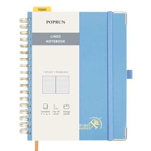 POPRUN Notizbuch B5 liniert,Horizontal Line Journal, Spiral-Notizbücher 120 GSM Papier, 220 nummerierte Seiten, Hardcover mit Kleberegisterkarten und 8 Abreißblättern- HB(Dunstblau) von POPRUN