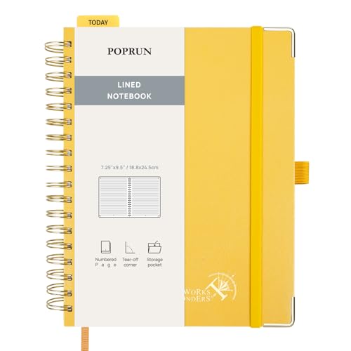 POPRUN Notizbuch B5 liniert,Horizontal Line Journal, Spiral-Notizbücher 120 GSM Papier, 220 nummerierte Seiten, Hardcover mit Kleberegisterkarten und 8 Abreißblättern- LYW(Hellgelb) von POPRUN