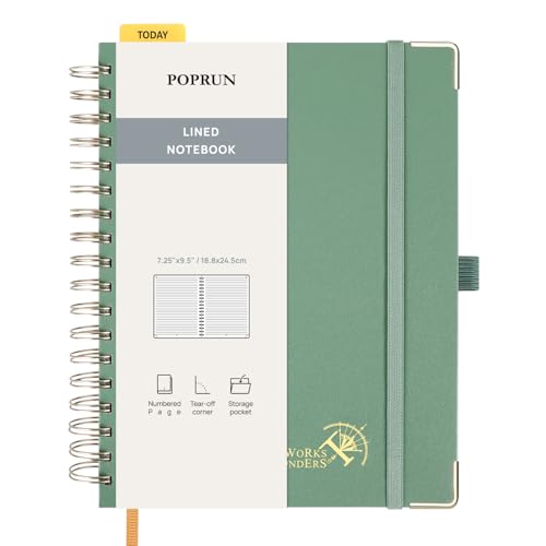 POPRUN Notizbuch B5 liniert,Horizontal Line Journal, Spiral-Notizbücher 120 GSM Papier, 220 nummerierte Seiten, Hardcover mit Kleberegisterkarten und 8 Abreißblättern- MGN(Mitternachtsgrün) von POPRUN
