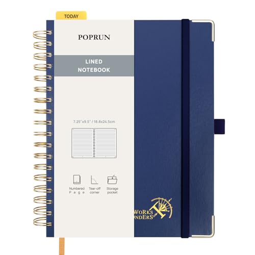 POPRUN Notizbuch B5 liniert,Horizontal Line Journal, Spiral-Notizbücher 120 GSM Papier, 220 nummerierte Seiten, Hardcover mit Kleberegisterkarten und 8 Abreißblättern- NYB(Marineblau) von POPRUN