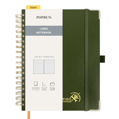 POPRUN Notizbuch B5 liniert,Horizontal Line Journal, Spiral-Notizbücher 120 GSM Papier, 220 nummerierte Seiten, Hardcover mit Kleberegisterkarten und 8 Abreißblättern- OL(Olive) von POPRUN