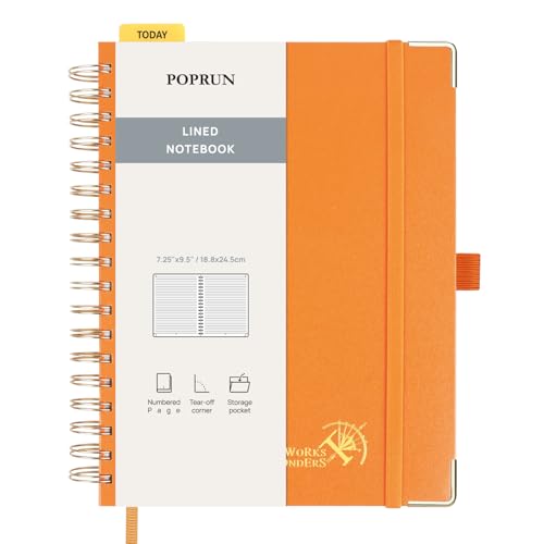 POPRUN Notizbuch B5 liniert,Horizontal Line Journal, Spiral-Notizbücher 120 GSM Papier, 220 nummerierte Seiten, Hardcover mit Kleberegisterkarten und 8 Abreißblättern- OR(Orange) von POPRUN
