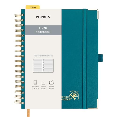 POPRUN Notizbuch B5 liniert,Horizontal Line Journal, Spiral-Notizbücher 120 GSM Papier, 220 nummerierte Seiten, Hardcover mit Kleberegisterkarten und 8 Abreißblättern- PG(Pazifikgrün) von POPRUN