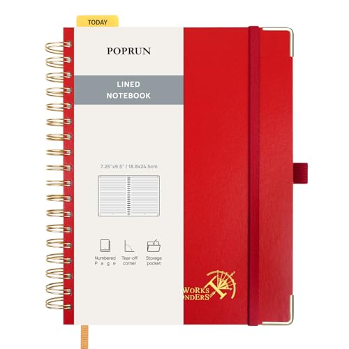 POPRUN Notizbuch B5 liniert,Horizontal Line Journal, Spiral-Notizbücher 120 GSM Papier, 220 nummerierte Seiten, Hardcover mit Kleberegisterkarten und 8 Abreißblättern- RD(Rot) von POPRUN