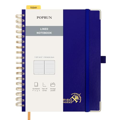POPRUN Notizbuch B5 liniert,Horizontal Line Journal, Spiral-Notizbücher 120 GSM Papier, 220 nummerierte Seiten, Hardcover mit Kleberegisterkarten und 8 Abreißblättern- RLB(Königsblau) von POPRUN