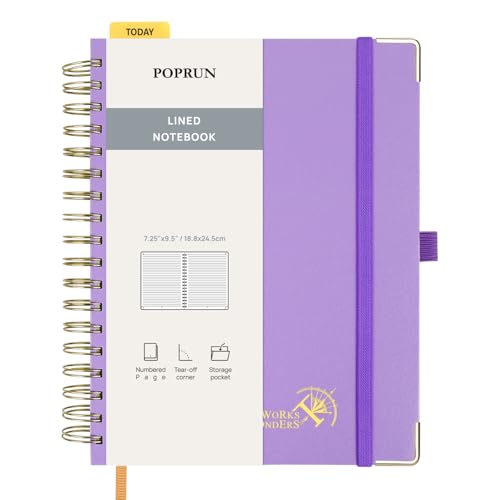 POPRUN Notizbuch B5 liniert,Horizontal Line Journal, Spiral-Notizbücher 120 GSM Papier, 220 nummerierte Seiten, Hardcover mit Kleberegisterkarten und 8 Abreißblättern- VT(Violett) von POPRUN
