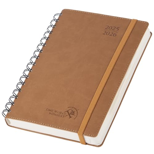 POPRUN Tagesplaner 2025 2026 A5 Ringbuch 21,5 x 14,5 cm (Aug.2025-Jul.2026), Tageskalender 1 Tag 1 Seite (Montag - Sonntag) mit Softcover, PU-Leder, Monatliche Registerkarten - Braun von POPRUN