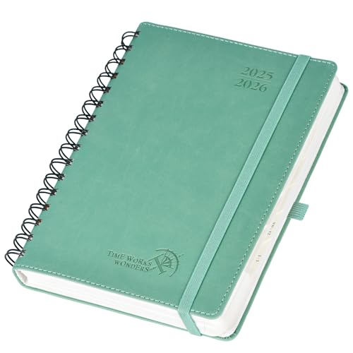 POPRUN Tagesplaner 2025 2026 A5 Ringbuch 21,5 x 14,5 cm (Aug.2025-Jul.2026), Tageskalender 1 Tag 1 Seite (Montag - Sonntag) mit Softcover, PU-Leder, Monatliche Registerkarten - Mitternachtsgrün von POPRUN