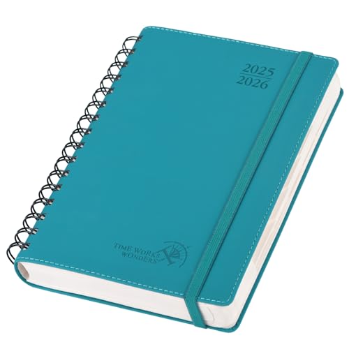 POPRUN Tagesplaner 2025 2026 A5 Ringbuch 21,5 x 14,5 cm (Aug.2025-Jul.2026), Tageskalender 1 Tag 1 Seite (Montag - Sonntag) mit Softcover, PU-Leder, Monatliche Registerkarten - Pazifikgrün von POPRUN