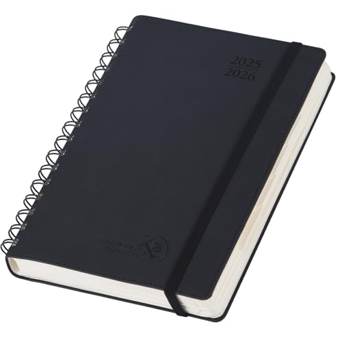 POPRUN Tagesplaner 2025 2026 A5 Ringbuch 21,5 x 14,5 cm (Aug.2025-Jul.2026), Tageskalender 1 Tag 1 Seite (Montag - Sonntag) mit Softcover, PU-Leder, Monatliche Registerkarten - Schwarz von POPRUN