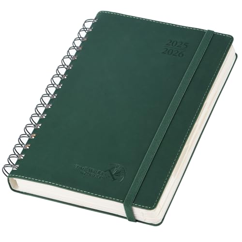 POPRUN Tagesplaner 2025 2026 A5 Ringbuch 21,5 x 14,5 cm (Aug.2025-Jul.2026), Tageskalender 1 Tag 1 Seite (Montag - Sonntag) mit Softcover, PU-Leder, Monatliche Registerkarten - Waldgrün von POPRUN