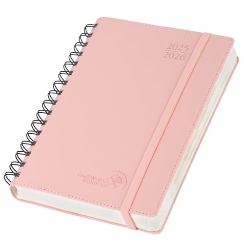 POPRUN Tagesplaner 2025 2026 A5 Ringbuch 21,5 x 14,5 cm (Aug.2025-Jul.2026), Tageskalender 1 Tag 1 Seite (Montag - Sonntag) mit Softcover, PU-Leder, Monatliche Registerkarten - Zartrosa von POPRUN