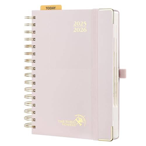 POPRUN Tagesplaner 2025 2026 Ringbuch mit Hardcover 21,5 x 14,5 cm, Tageskalender A5 1 Tag 1 Seite (Montag - Sonntag), Terminplaner (Aug.2025-Jul.2026) mit Plastiklineal - Hellrosa von POPRUN