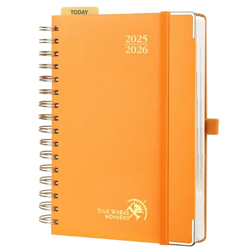 POPRUN Tagesplaner 2025 2026 Ringbuch mit Hardcover 21,5 x 14,5 cm, Tageskalender A5 1 Tag 1 Seite (Montag - Sonntag), Terminplaner (Aug.2025-Jul.2026) mit Plastiklineal - Orange von POPRUN