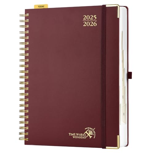 POPRUN Tagesplaner 2025 2026 Ringbuch mit Hardcover 30,5 x 22 cm, Tageskalender A4 1 Tag 1 Seite (Montag - Sonntag), Terminplaner (Aug.2025-Jul.2026) mit Plastiklineal - Burgund von POPRUN