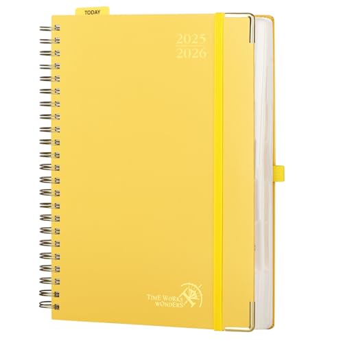 POPRUN Tagesplaner 2025 2026 Ringbuch mit Hardcover 30,5 x 22 cm, Tageskalender A4 1 Tag 1 Seite (Montag - Sonntag), Terminplaner (Aug.2025-Jul.2026) mit Plastiklineal - Hellgelb von POPRUN