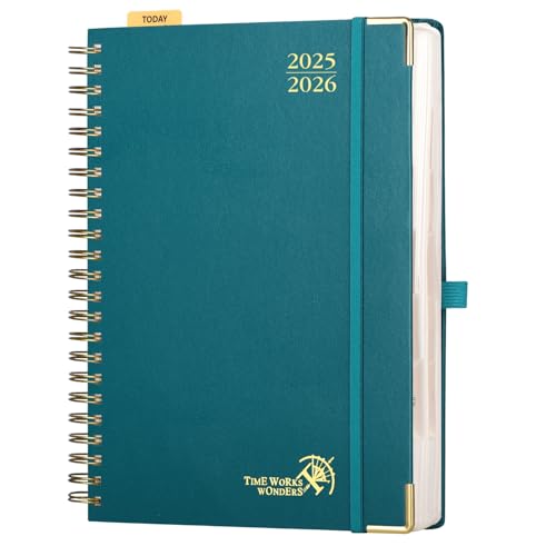 POPRUN Tagesplaner 2025 2026 Ringbuch mit Hardcover 30,5 x 22 cm, Tageskalender A4 1 Tag 1 Seite (Montag - Sonntag), Terminplaner (Aug.2025-Jul.2026) mit Plastiklineal - Pazifikgrün von POPRUN