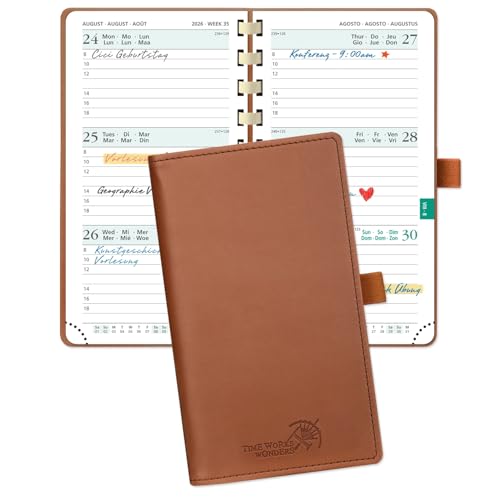 POPRUN TaschenKalender 2026 Klein 16,5 x 9 cm (Jan.2026-Dez.2026) - Kalender 2026 Klein Ringbuch mit Softcover - Terminplaner, Planer 1 Woche 2 Seite mit Kartenschlitz - Braun von POPRUN
