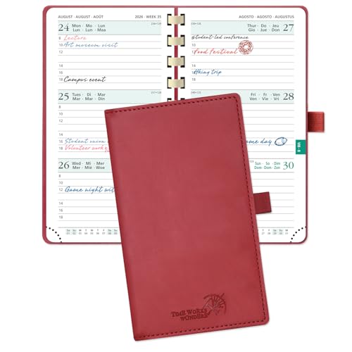 POPRUN TaschenKalender 2026 Klein 16,5 x 9 cm (Jan.2026-Dez.2026) - Kalender 2026 Klein Ringbuch mit Softcover - Terminplaner, Planer 1 Woche 2 Seite mit Kartenschlitz - Burgunderrot von POPRUN