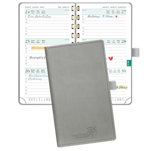 POPRUN TaschenKalender 2026 Klein 16,5 x 9 cm (Jan.2026-Dez.2026) - Kalender 2026 Klein Ringbuch mit Softcover - Terminplaner, Planer 1 Woche 2 Seite mit Kartenschlitz - Grau von POPRUN