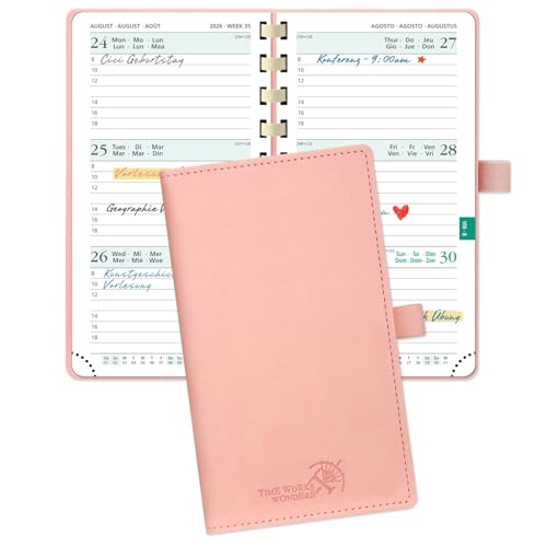 POPRUN TaschenKalender 2026 Klein 16,5 x 9 cm (Jan.2026-Dez.2026) - Kalender 2026 Klein Ringbuch mit Softcover - Terminplaner, Planer 1 Woche 2 Seite mit Kartenschlitz - Rosa von POPRUN