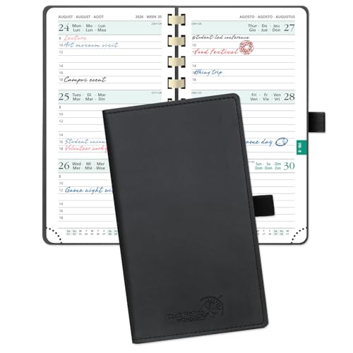 POPRUN TaschenKalender 2026 Klein 16,5 x 9 cm (Jan.2026-Dez.2026) - Kalender 2026 Klein Ringbuch mit Softcover - Terminplaner, Planer 1 Woche 2 Seite mit Kartenschlitz - Schwarz von POPRUN