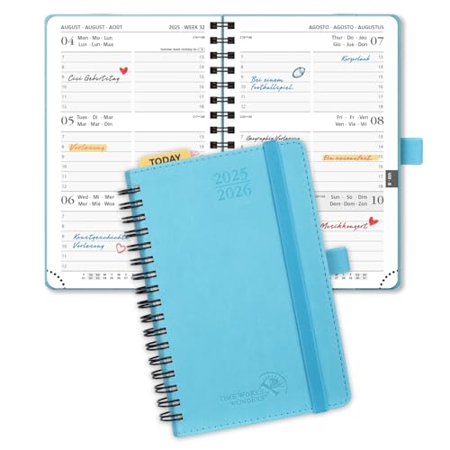 POPRUN Taschenkalender 2025 2026 Klein (Aug.2025-Dez.2026) Ringbuch mit Softcover, ca. A6 (16 x 10,5 cm), terminplaner 2025 2026 Klein 1 Woche 2 Seite mit Plastiklineal - Blaugrün von POPRUN