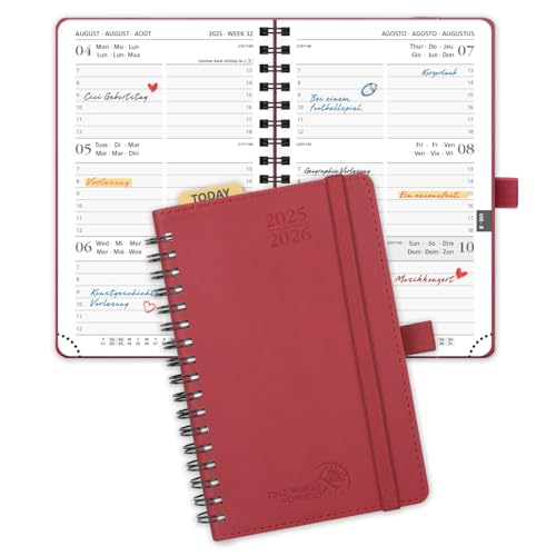 POPRUN Taschenkalender 2025 2026 Klein (Aug.2025-Dez.2026) Ringbuch mit Softcover, ca. A6 (16 x 10,5 cm), terminplaner 2025 2026 Klein 1 Woche 2 Seite mit Plastiklineal - Burgunderrot von POPRUN