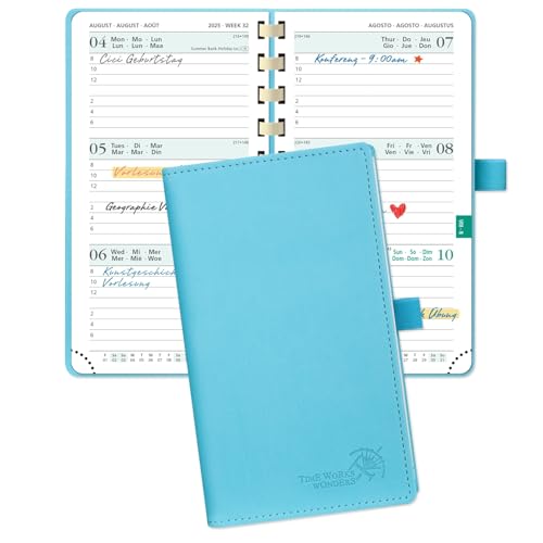 POPRUN Taschenkalender 2025 2026 Klein 16,5 x 9 cm (Aug.2025-Dez.2026) - Kalender 2025 2026 Klein Ringbuch mit Softcover - Terminplaner, Planer 1 Woche 2 Seite mit Kartenschlitz - Blaugrün von POPRUN