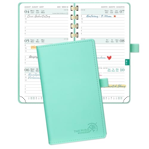 POPRUN Taschenkalender 2025 2026 Klein 16,5 x 9 cm (Aug.2025-Dez.2026) - Kalender 2025 2026 Klein Ringbuch mit Softcover - Terminplaner, Planer 1 Woche 2 Seite mit Kartenschlitz - Mintgrün von POPRUN